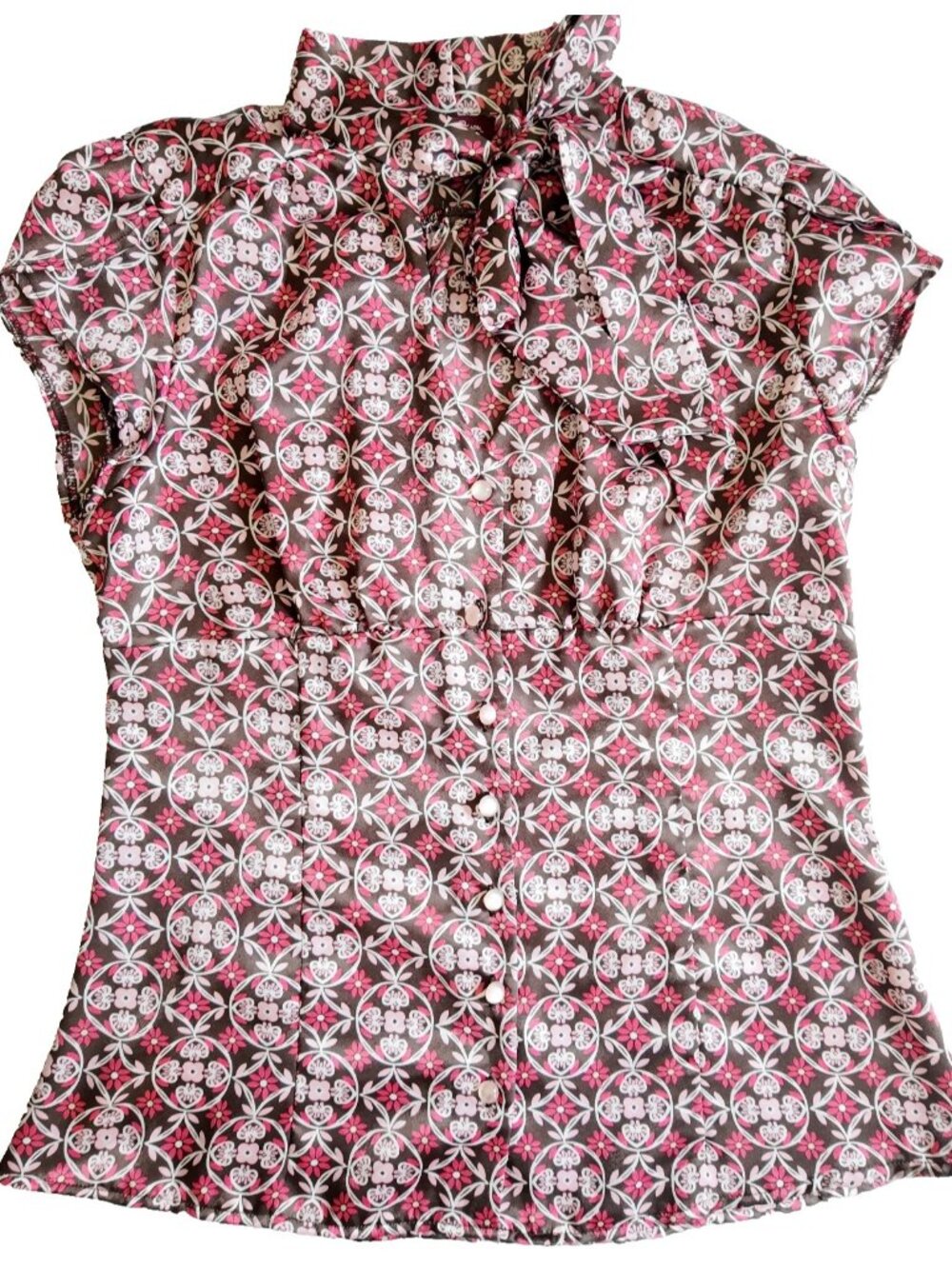 y2k floral pink blouse top  w/ open slit size large by miss bisou vintage 2000s